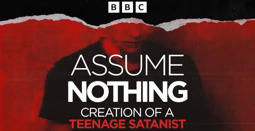 BBC podcast ‘Assume Nothing’ cover art showing a teenager in shadow with dark online chatroom icons representing hidden online dangers