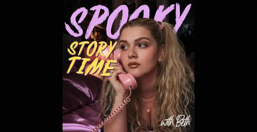 Beth’s Spooky Story Time podcast cover featuring haunted house silhouette and glowing pumpkin for Halloween special.