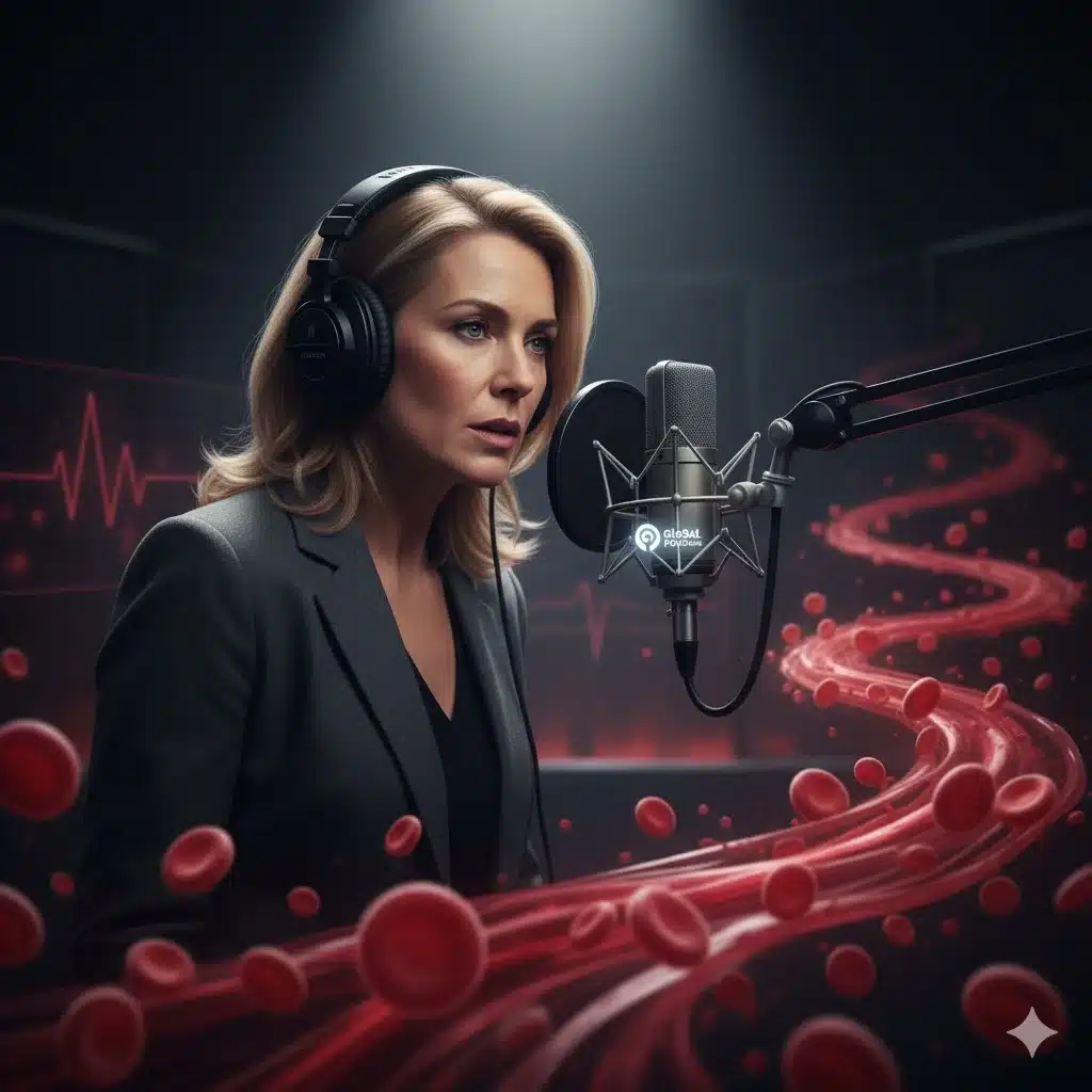 Journalist Emily Maitlis in a podcast studio, symbolically framed by red tones representing the infected blood scandal — promotional image for Global’s new investigative podcast