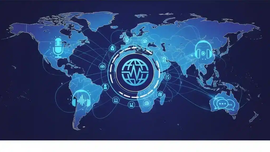 International Podcast Alliance logo with global podcasting collaboration theme, connecting producers worldwide