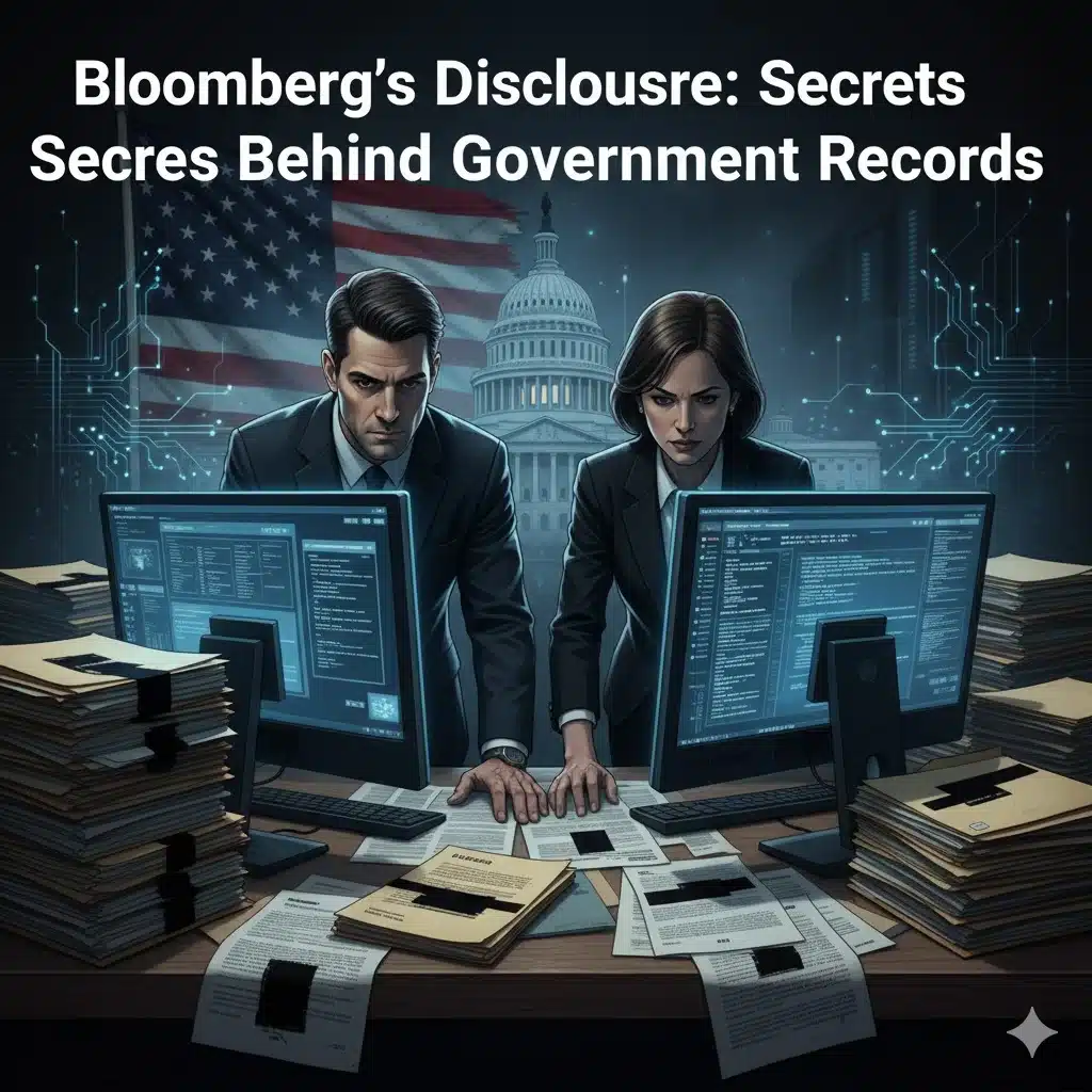Investigative journalists surrounded by classified U.S. government documents and glowing computer screens in a dark newsroom — feature image for Bloomberg’s Disclosure podcast article