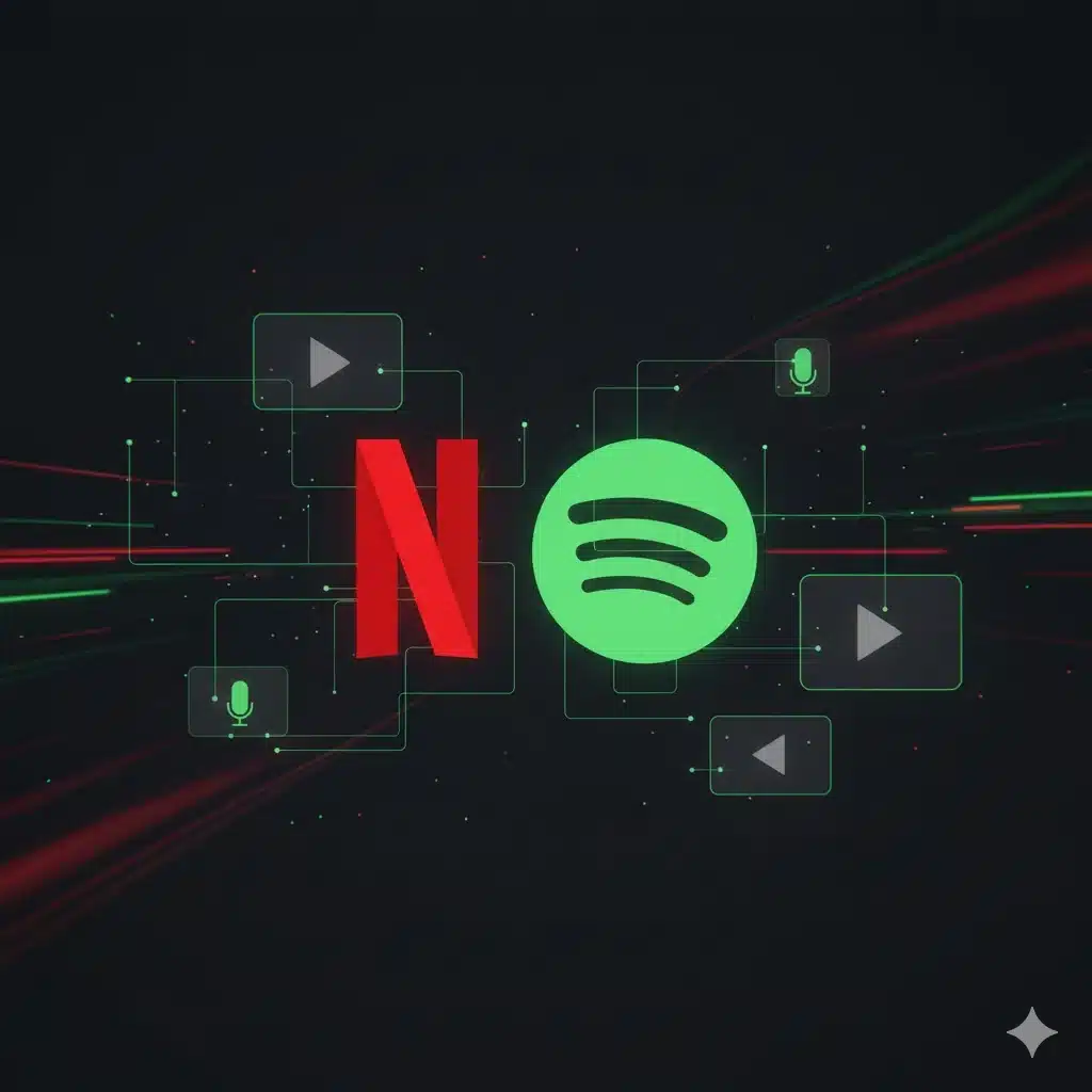 Netflix and Spotify logos representing upcoming video podcast partnership launching in 2026