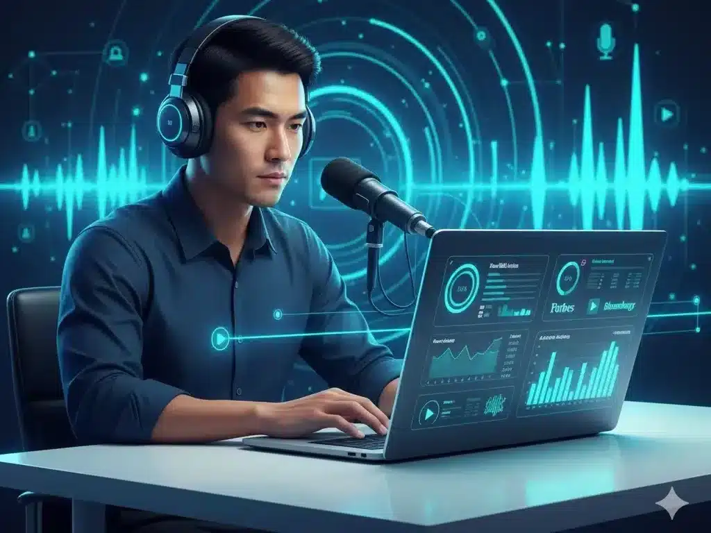 Podcaster reviewing analytics dashboard showing Publisher Data Transparency by Amaze Media Labs on AudienceLift.com