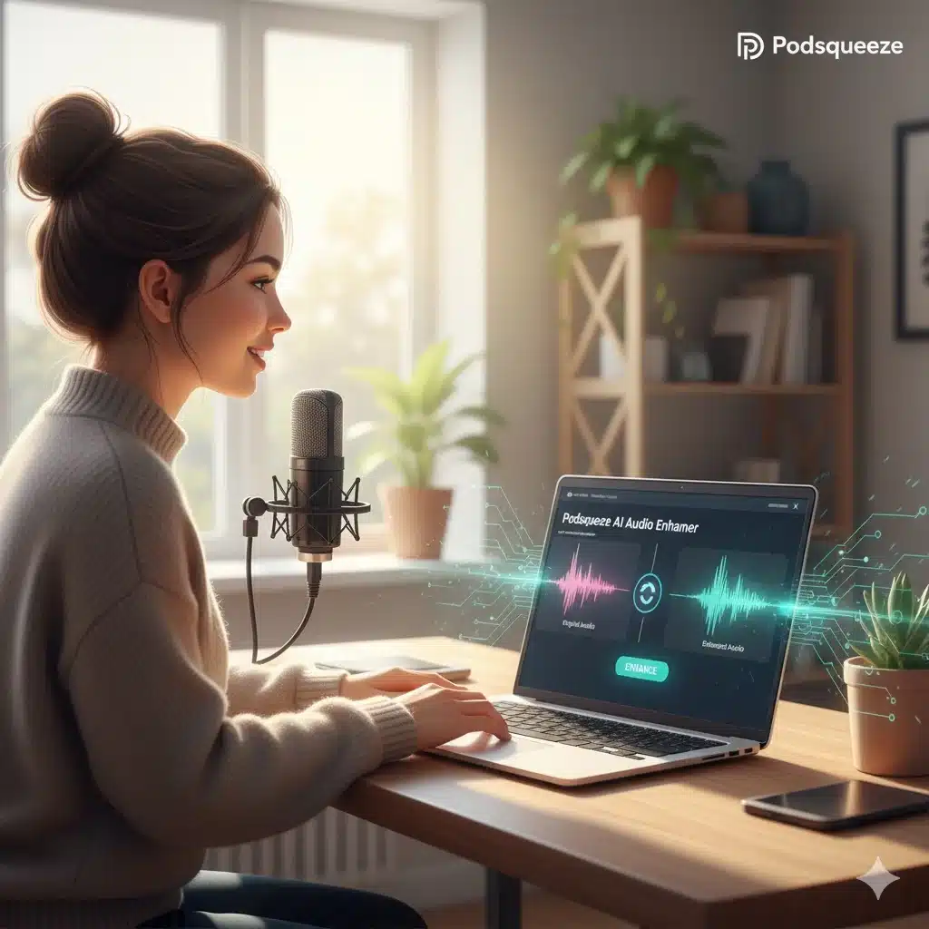 Podsqueeze Audio Enhancer interface showing AI-powered audio processing for professional podcast sound