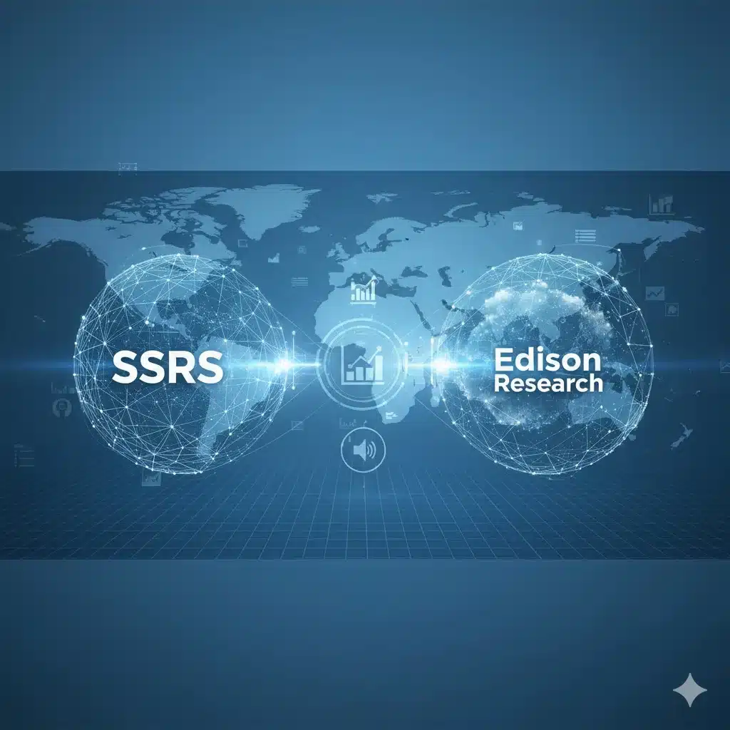 “SSRS and Edison Research logos side by side representing merger and media research partnership