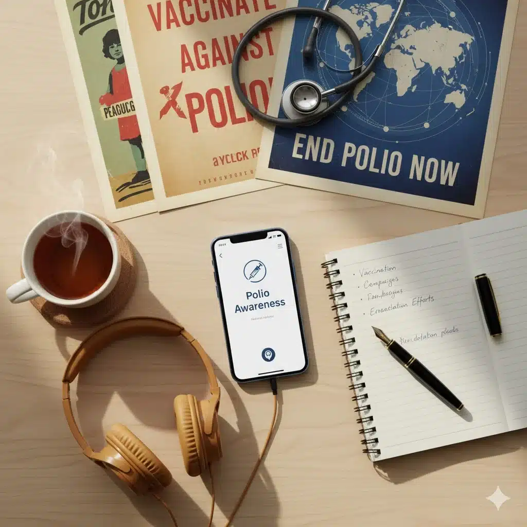Smartphone streaming a polio awareness podcast beside a notebook and vaccine imagery — representing global health learning and survivor empowerment