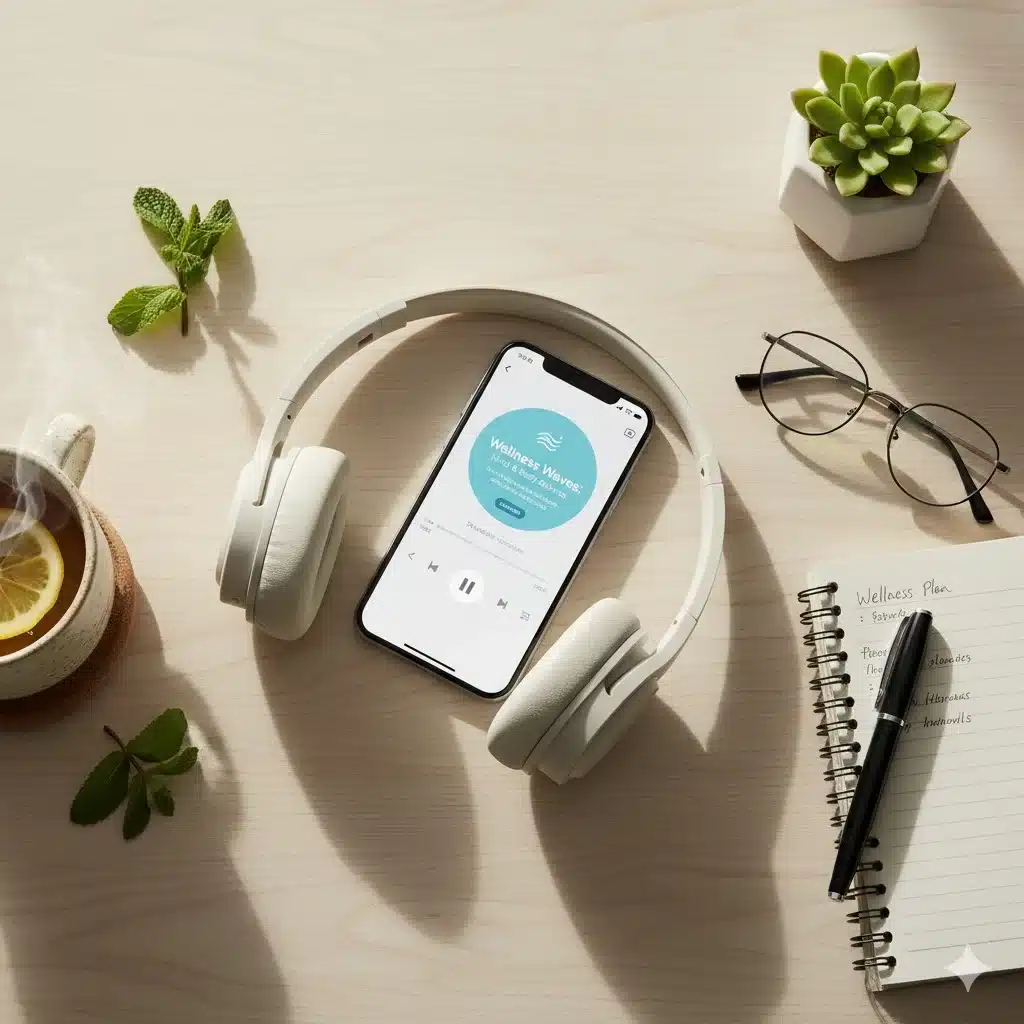 Smartphone with health podcast playing through headphones — symbolising menopause awareness and wellness learning