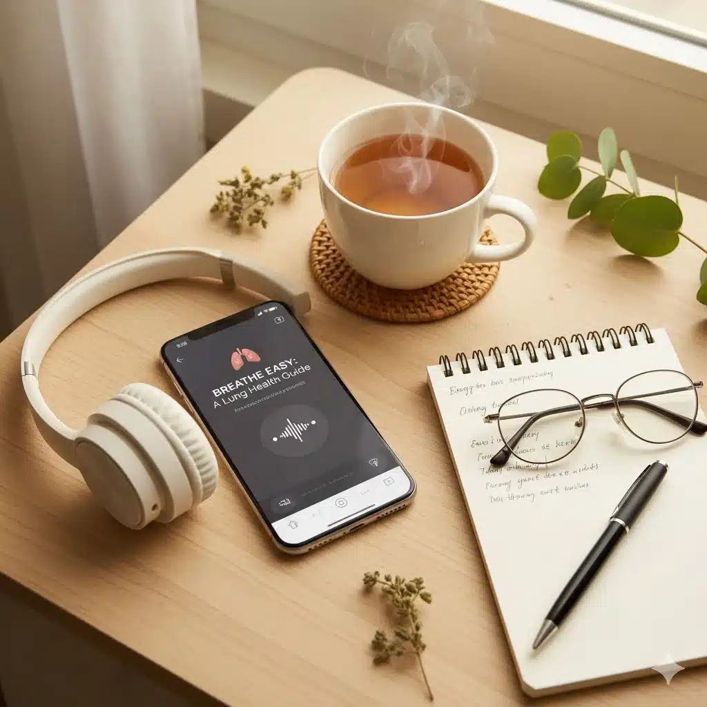 Smartphone with lung health podcast playing through headphones — symbolizing respiratory wellness and education