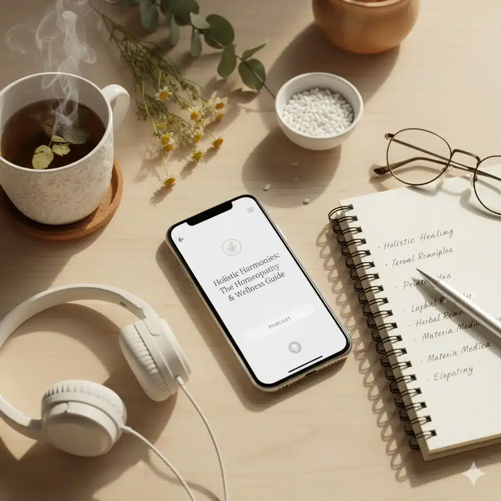 Smartphone with podcast playing through headphones — symbolizing homeopathy awareness and wellness learning
