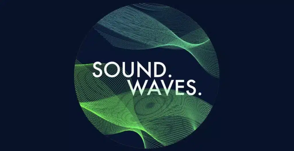 Sound.Waves. 2025 conference poster featuring microphones and music waves symbolizing the union of podcasting and music industries in Adare