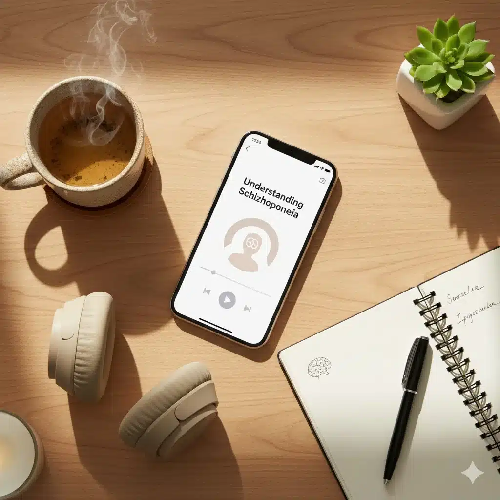 Flat-lay of smartphone playing a schizophrenia podcast with headphones, tea, and notebook — symbolizing calm learning and mental health awareness