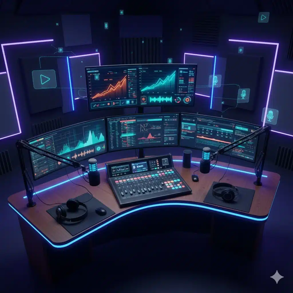 U.S. radio studio with microphones and podcast equipment representing growth in digital audio and podcasts