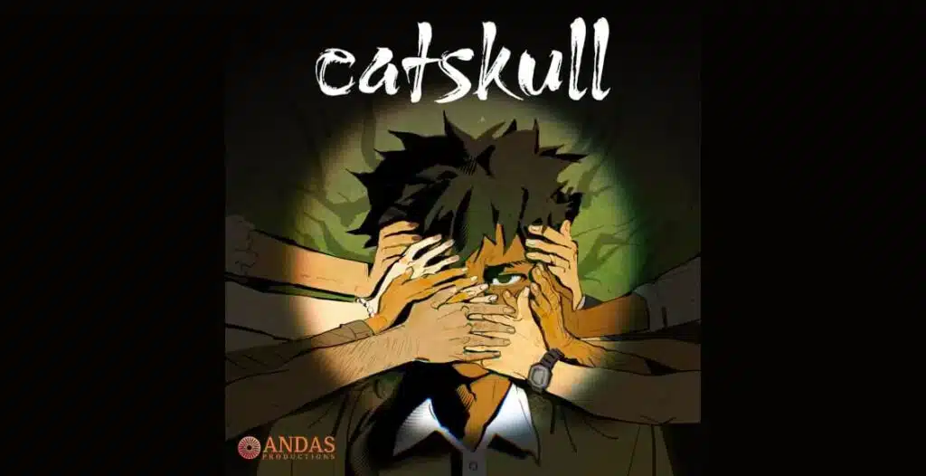 catskull podcast cover art showing a masked figure in neo-noir cityscape with dark, moody lighting