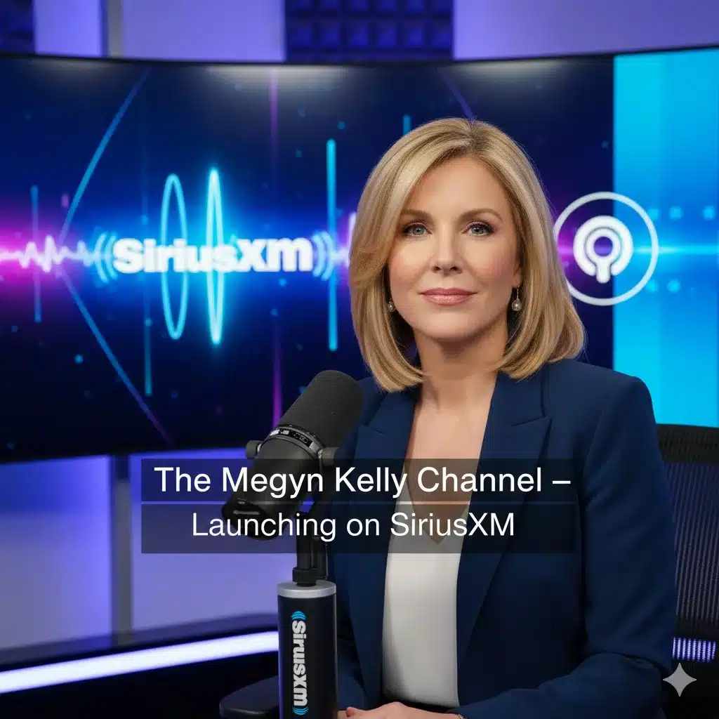 Megyn Kelly speaking in studio with microphone – promotional image for The Megyn Kelly Channel on SiriusXM