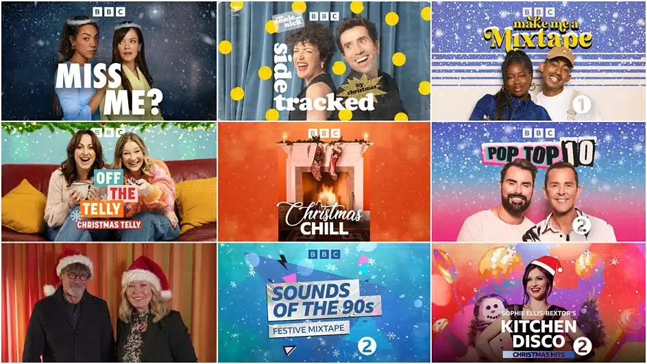 BBC Sounds Christmas 2025 festive promotional artwork featuring music notes, winter graphics and holiday-themed podcast icons