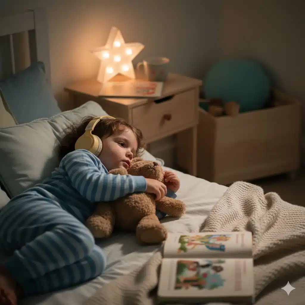 Child listening to calming bedtime podcast with headphones in cozy bedroom during nighttime routine