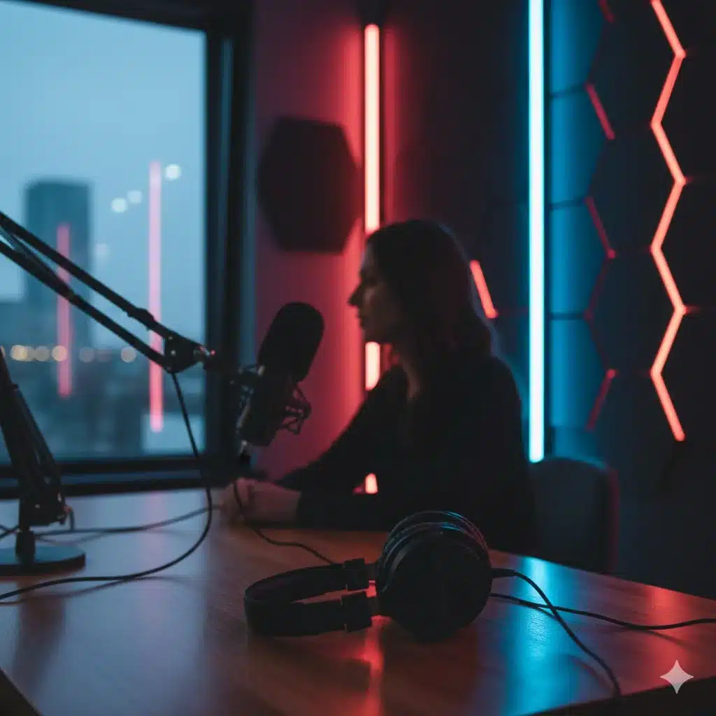 Danielle Robay smiling during a podcast recording session for Question Everything