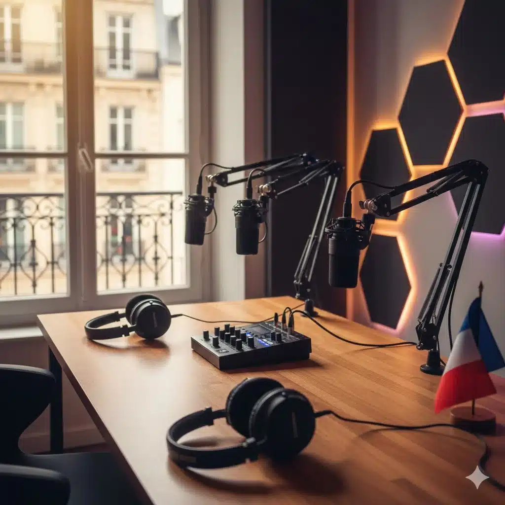 French flag with audio waves symbolizing Acast and Le Monde podcast partnership