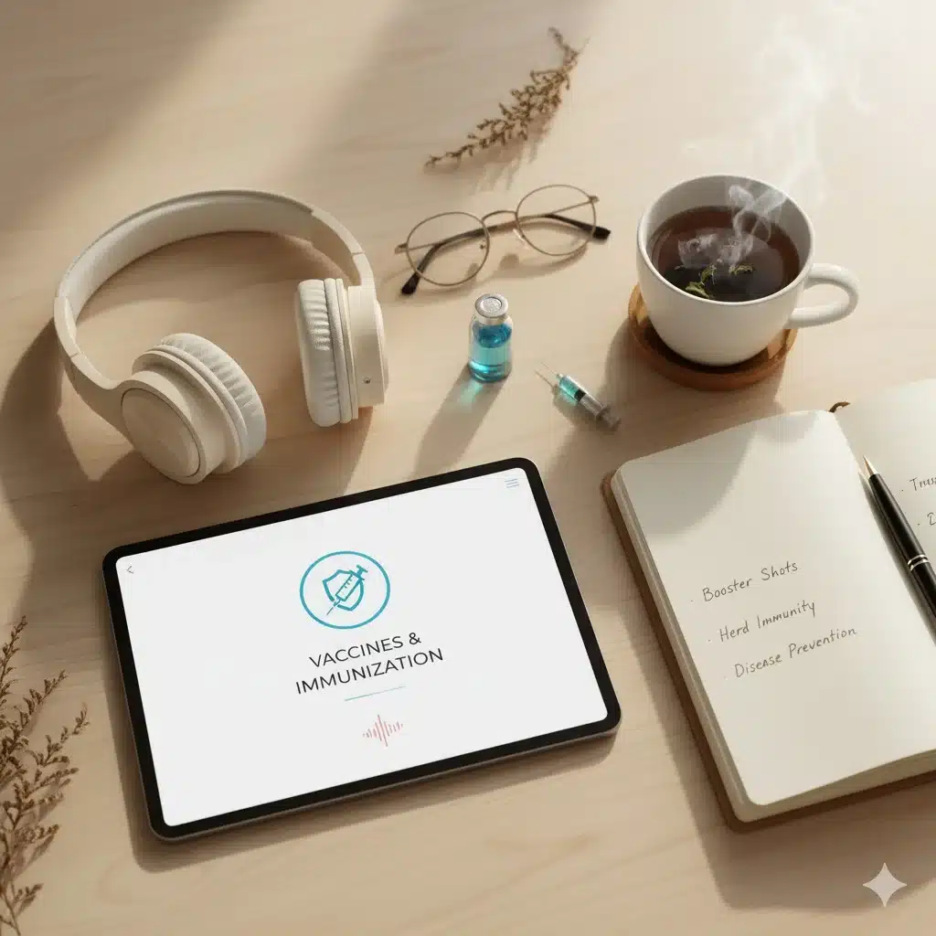 Headphones and tablet showing immunization podcast episode, notebook and tea on wooden table – symbolising vaccine education and wellness audio learning