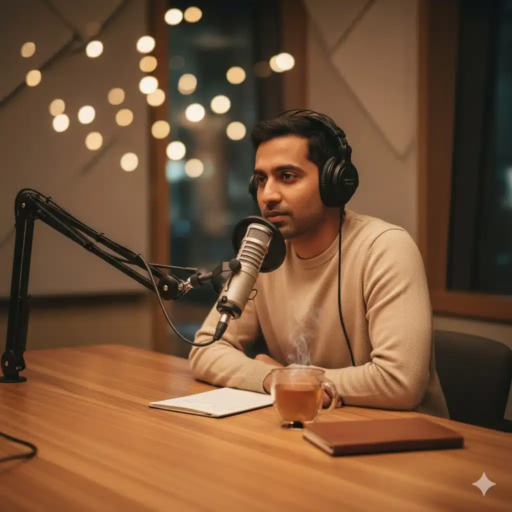 Jay Shetty recording Messy Love podcast for Audible, wearing headphones and speaking into a studio microphone