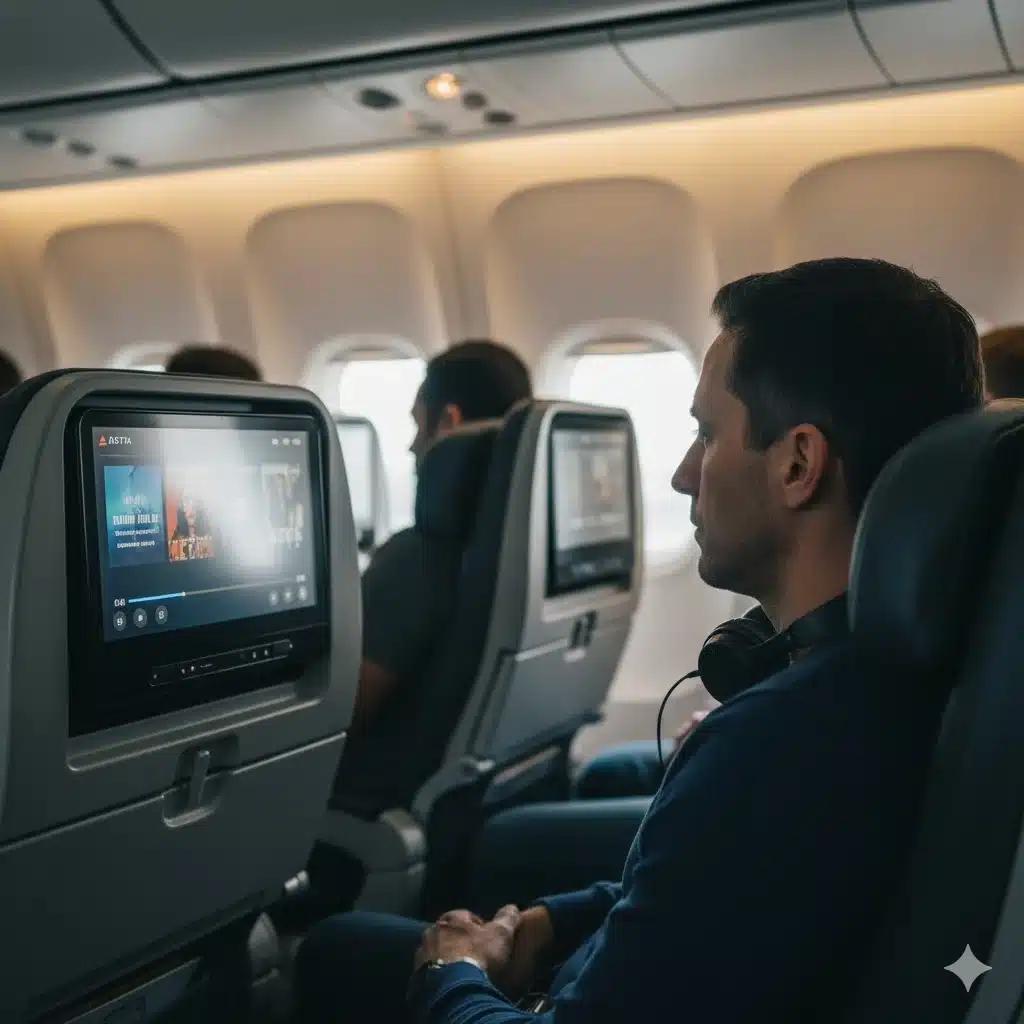 Passenger watching YouTube videos on Delta Air Lines seatback screen as part of new in-flight entertainment partnership
