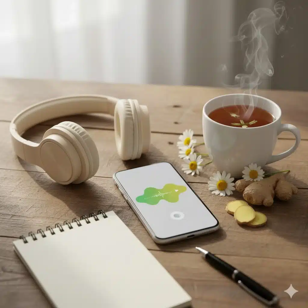 Smartphone playing a digestive health podcast with herbal tea and wellness items — representing GERD awareness and reflux relief education