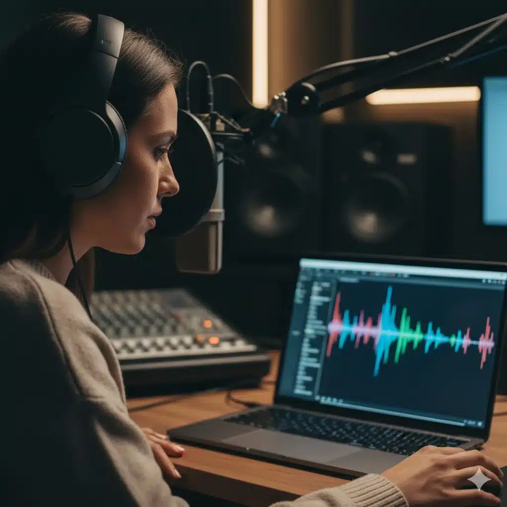 Sound wave graphic blending human and robotic profiles, symbolizing AI-generated voices in 2025 advertising