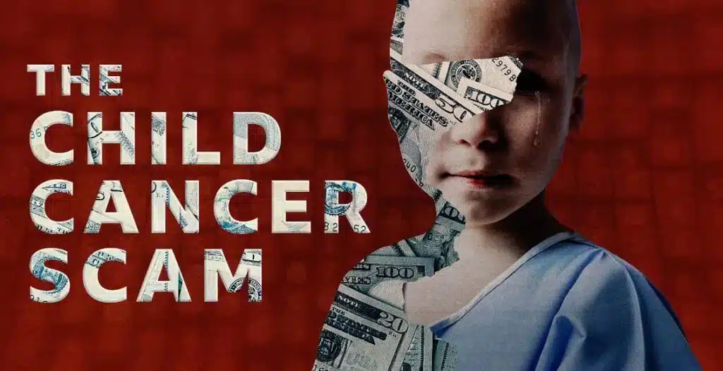 BBC World Service investigation graphic showing child cancer charity scam and online fundraising deception