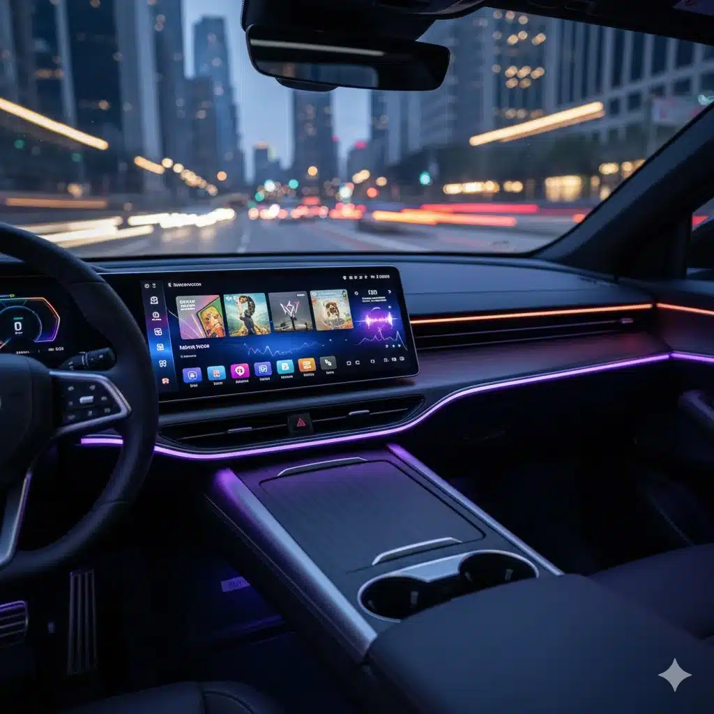 BYD electric vehicle dashboard displaying BYD Audio by Stingray infotainment interface with music and podcast options