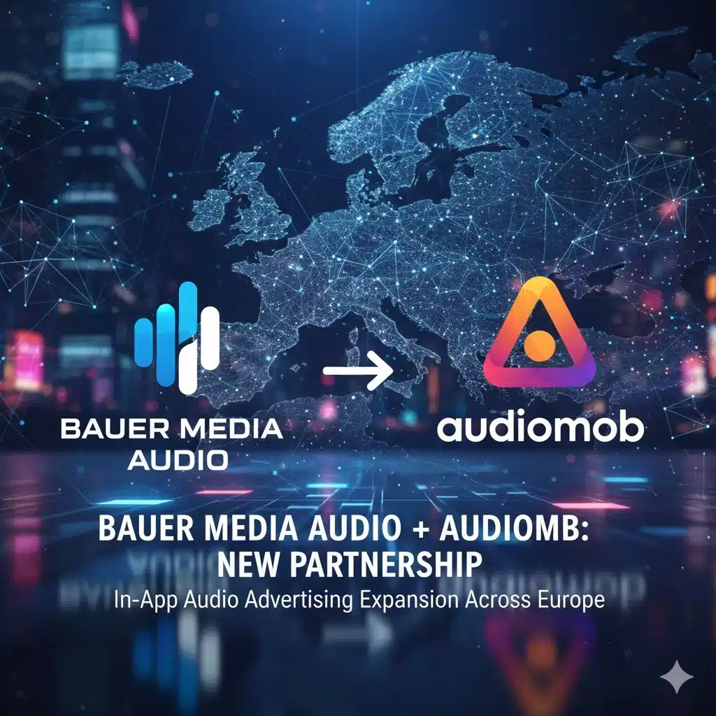 Bauer Media Audio and Audiomob logos showcasing new partnership for in-app audio advertising expansion across Europe