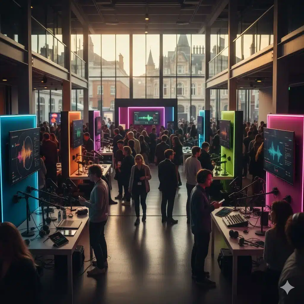 “Crowds at The Podcast Show 2026 festival in London with stages, exhibitors and creators networking