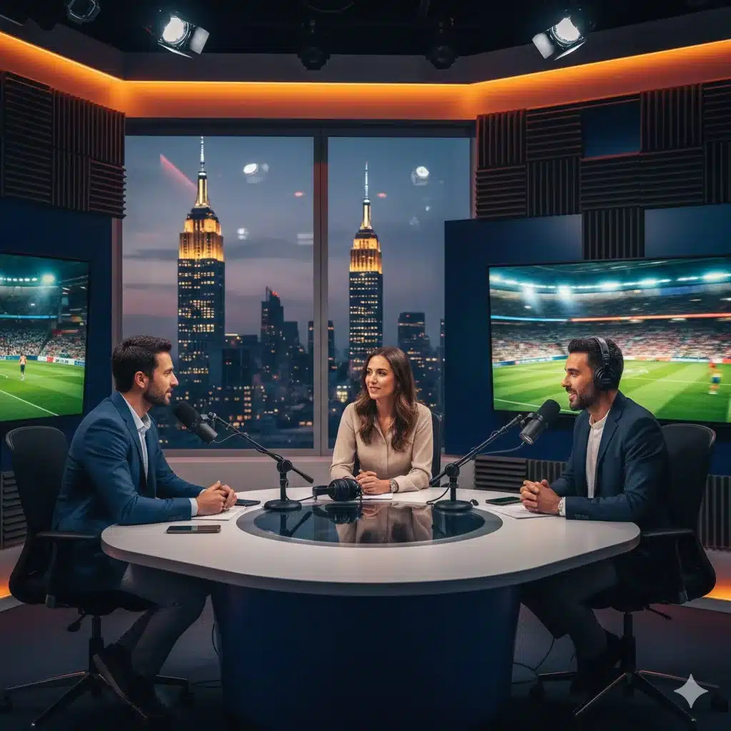 Gary Lineker, Alan Shearer and Micah Richards in New York studio for The Rest Is Football World Cup Netflix show