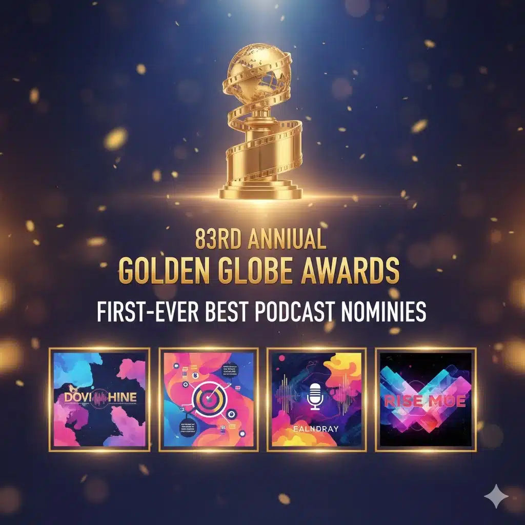 Golden Globes logo announcing the first-ever Best Podcast nominees for the 83rd Annual Awards