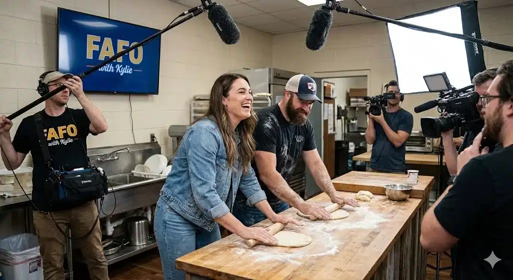 Kylie Kelce filming FAFO YouTube series with sports expert during hands-on activity