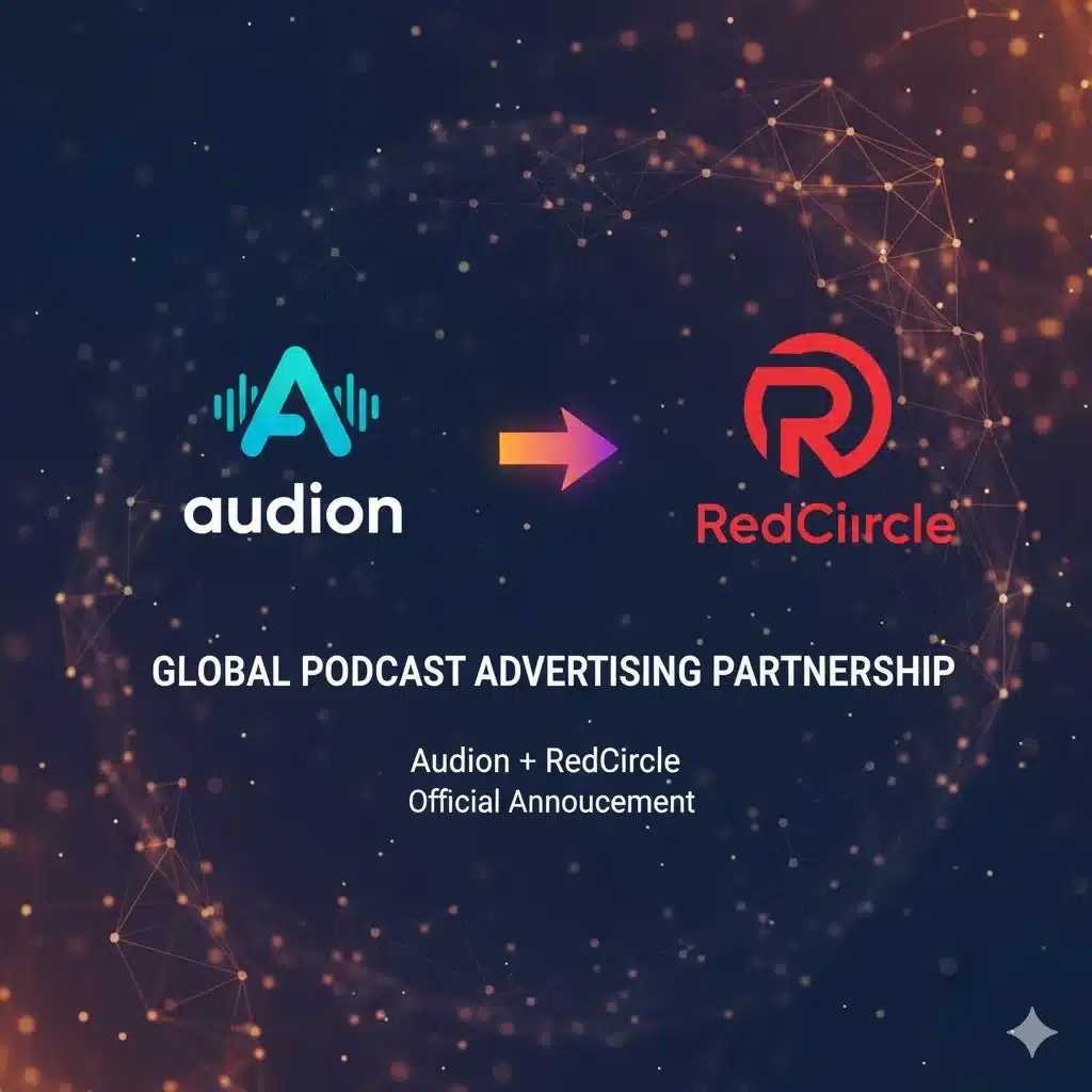 Logos of Audion and RedCircle announcing a new global podcast advertising partnership
