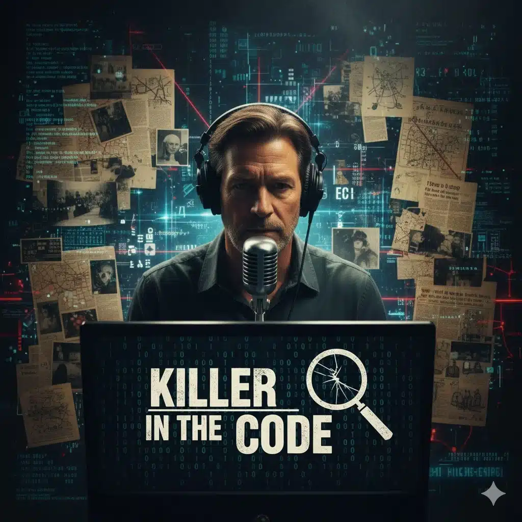 Michael Connelly hosting Killer in the Code true crime podcast with cryptic code imagery and archival crime files