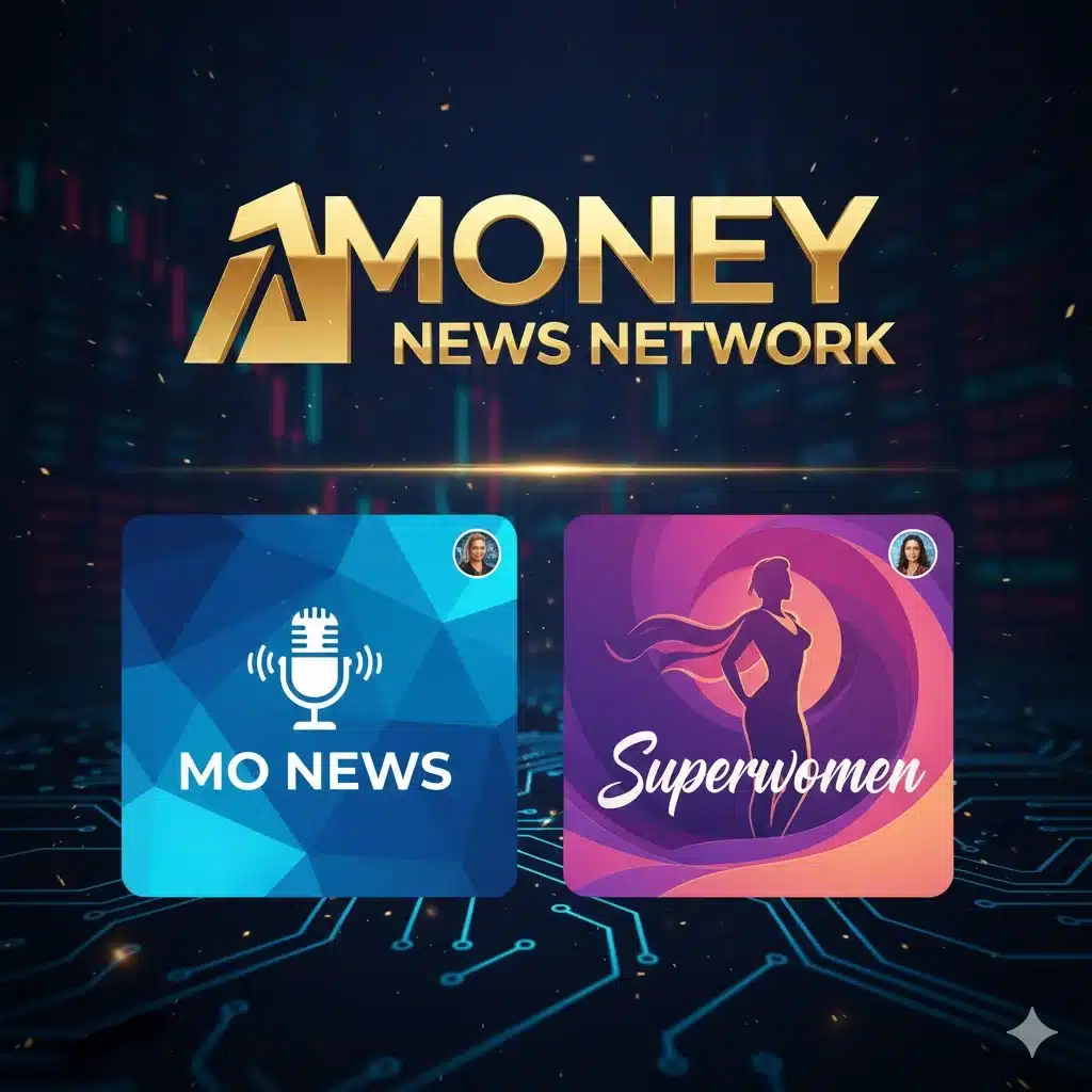 Money News Network logo with promotional graphics for Mo News and Superwomen podcasts.