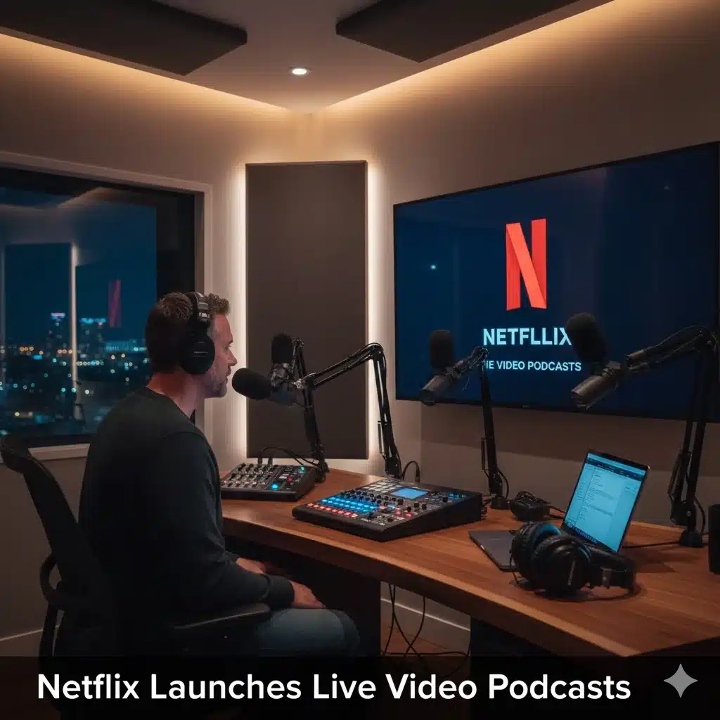 Netflix logo displayed on a TV screen with Bill Simmons podcast studio setup, representing Netflix’s launch of live video podcasts.