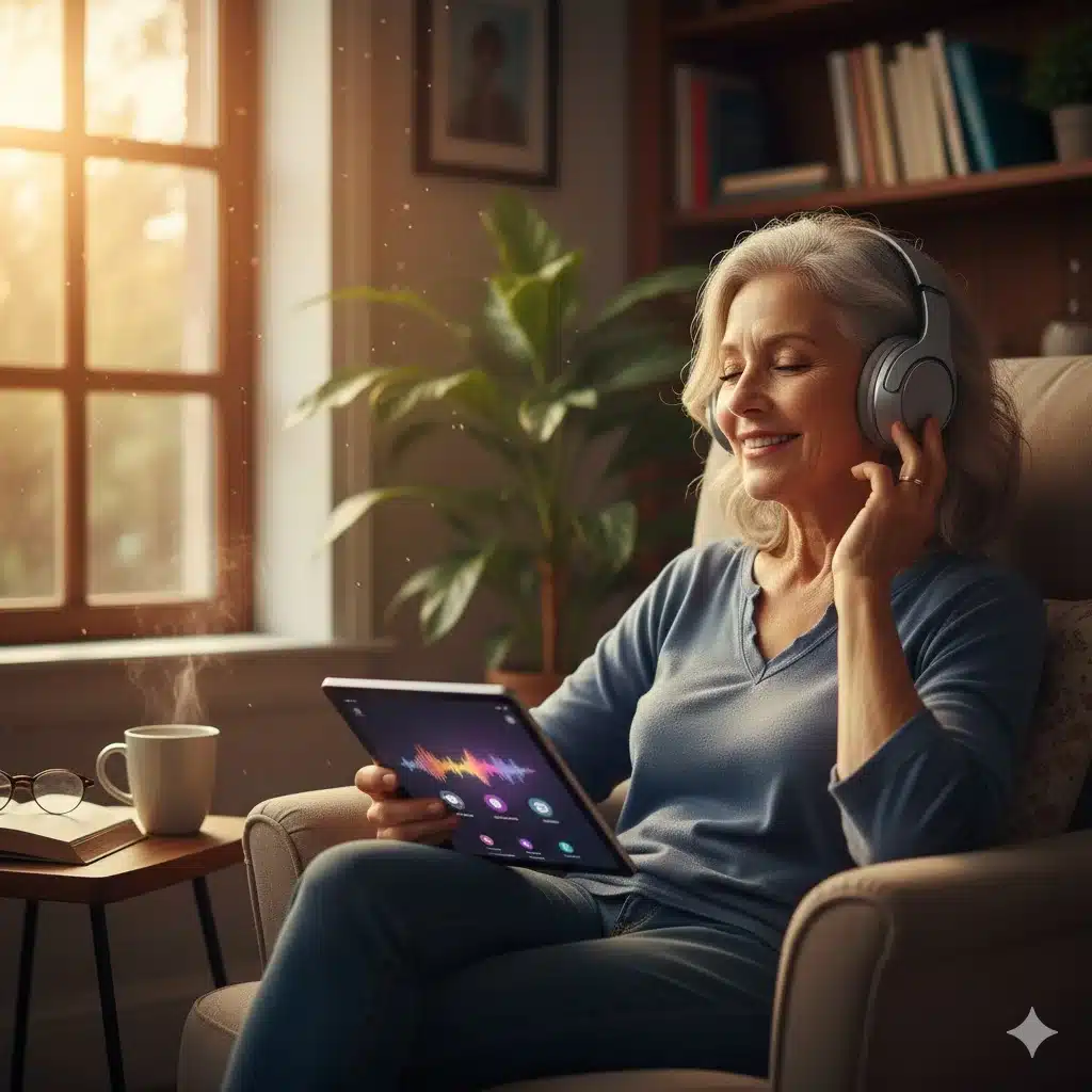 Older adult wearing headphones and listening to a podcast, representing shifting podcast demographics in 2025