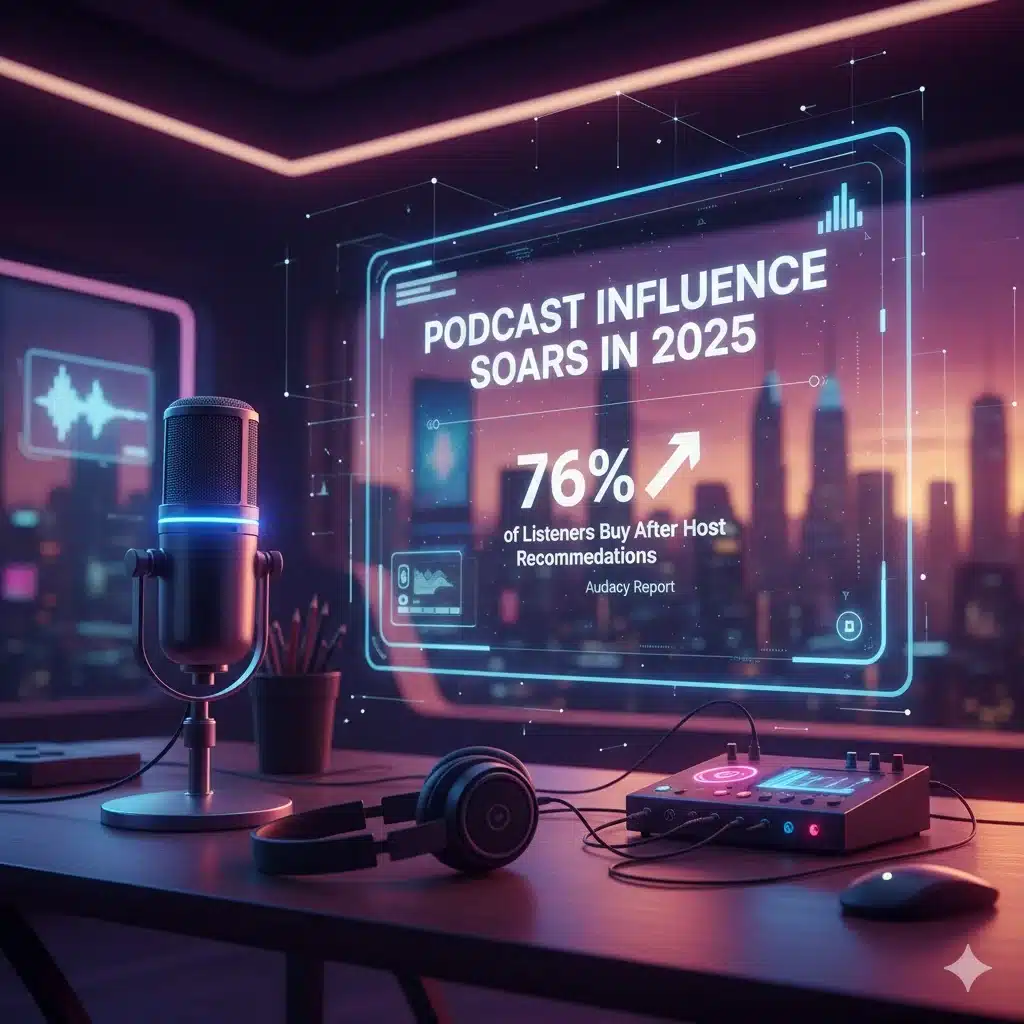 Podcast microphone studio setup representing growing influence of podcast advertising in 2025