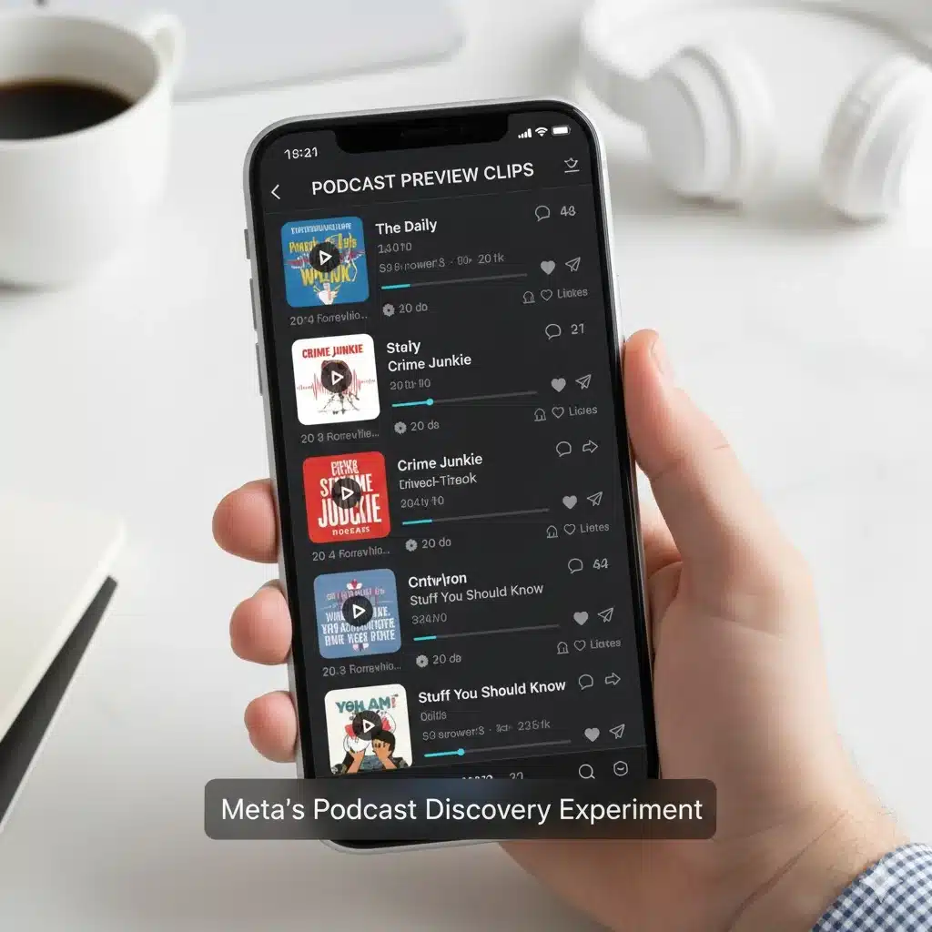 Threads app interface showing podcast preview clips and social discussion icons representing Meta’s podcast discovery experiment