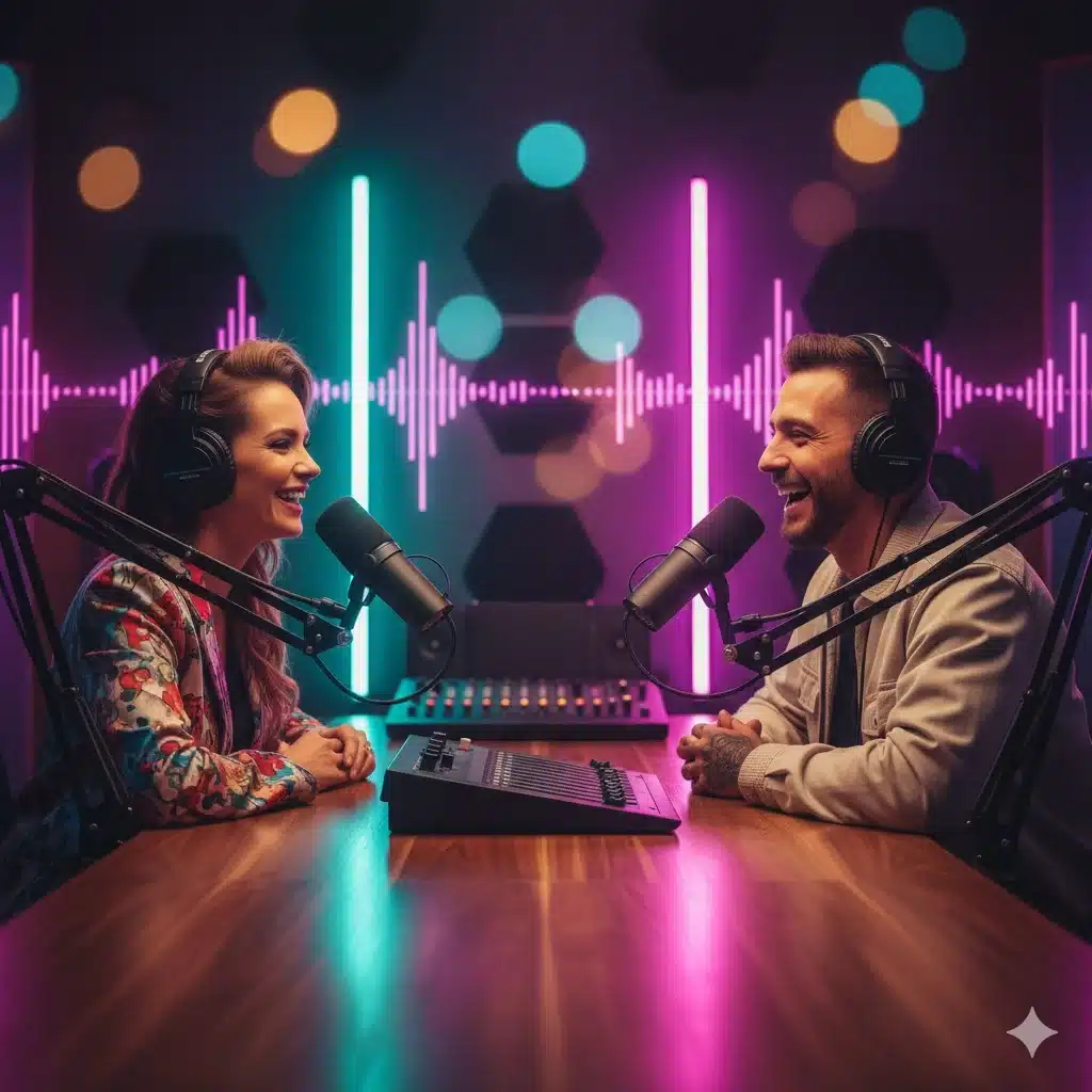 TikTok In The Mix promotional banner showing podcast host and featured artist in a music-themed setting.