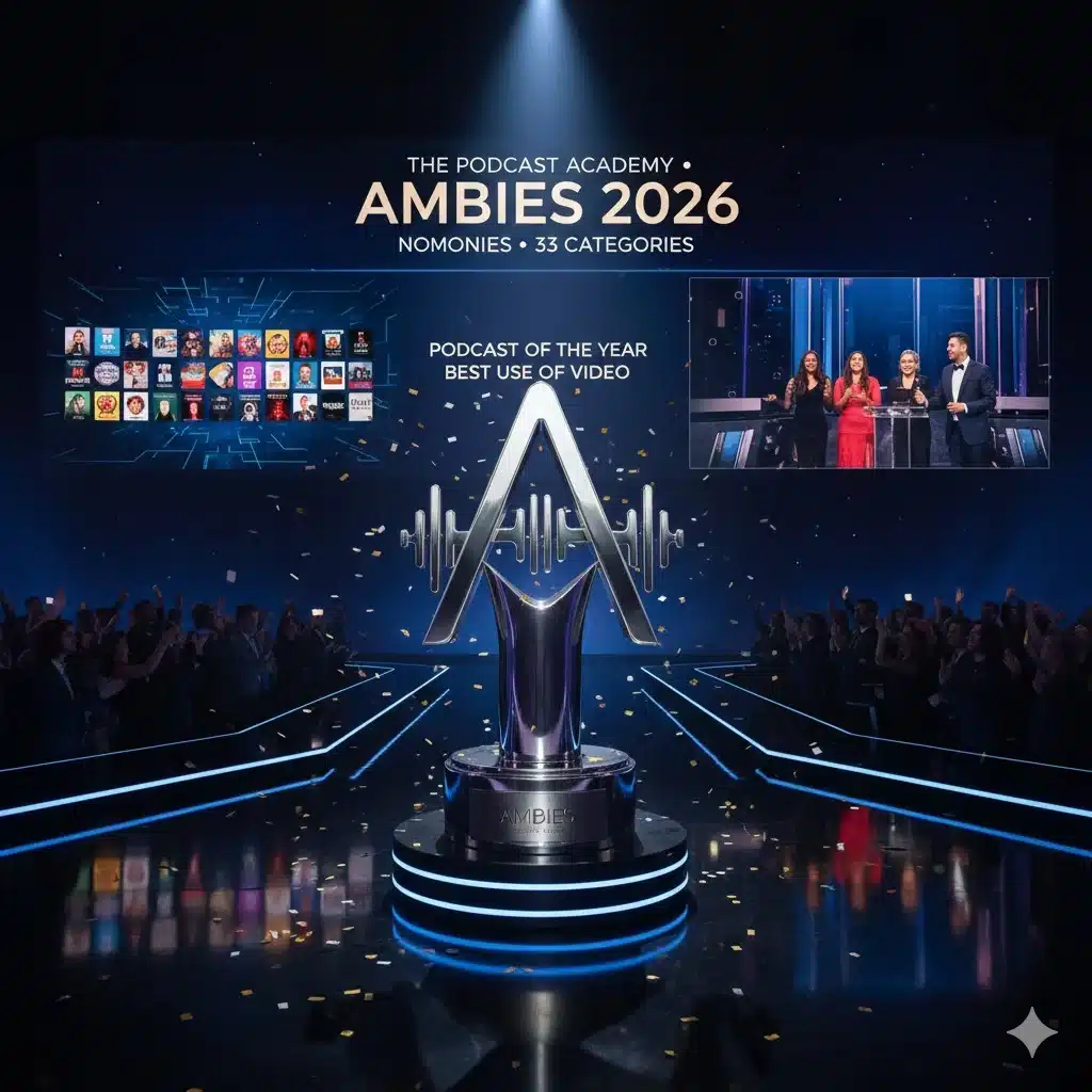 Ambies 2026 trophy on stage as The Podcast Academy announces nominees across 33 categories including Podcast of the Year and Best Use of Video