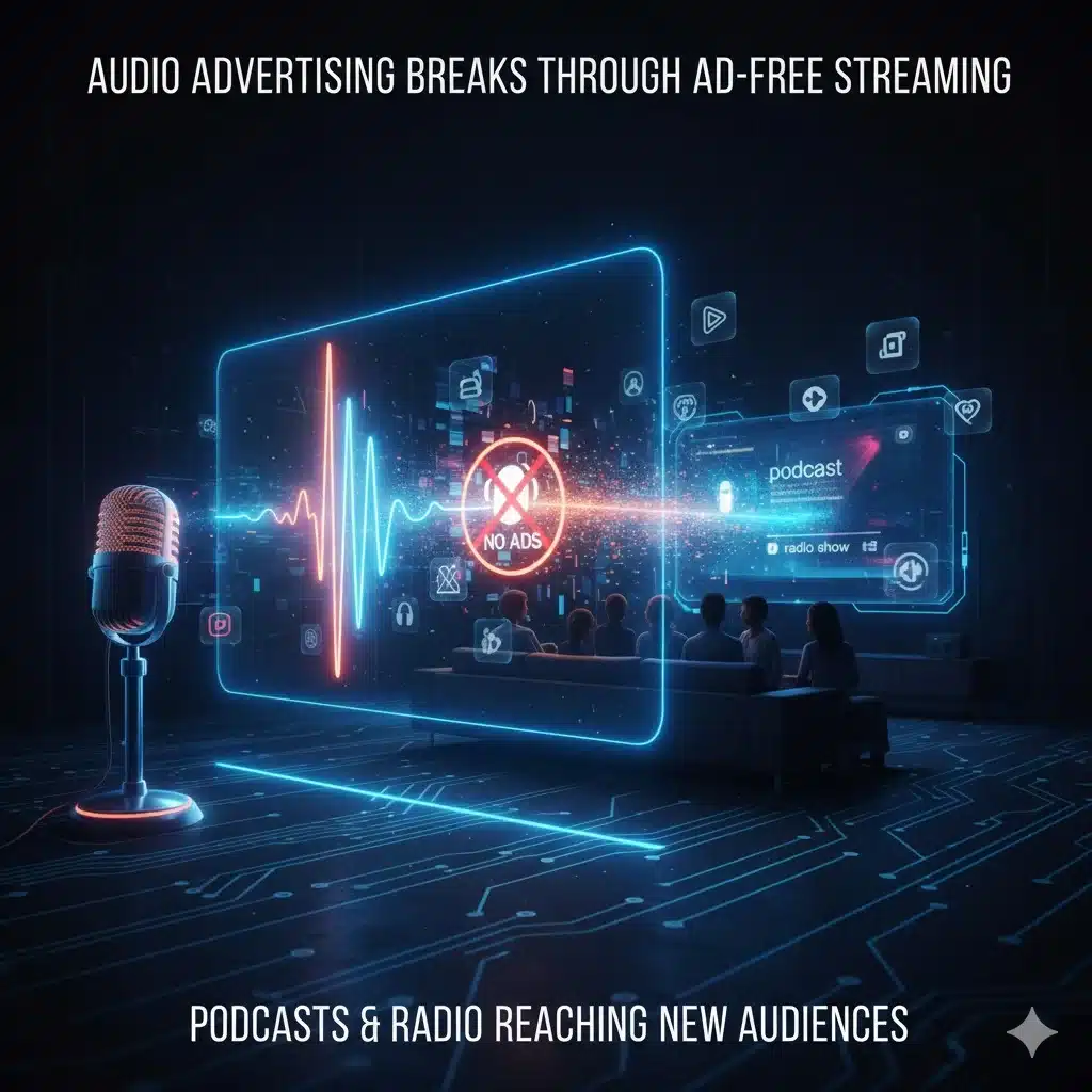 Audio advertising reaching ad-free streaming viewers through podcasts and radio
