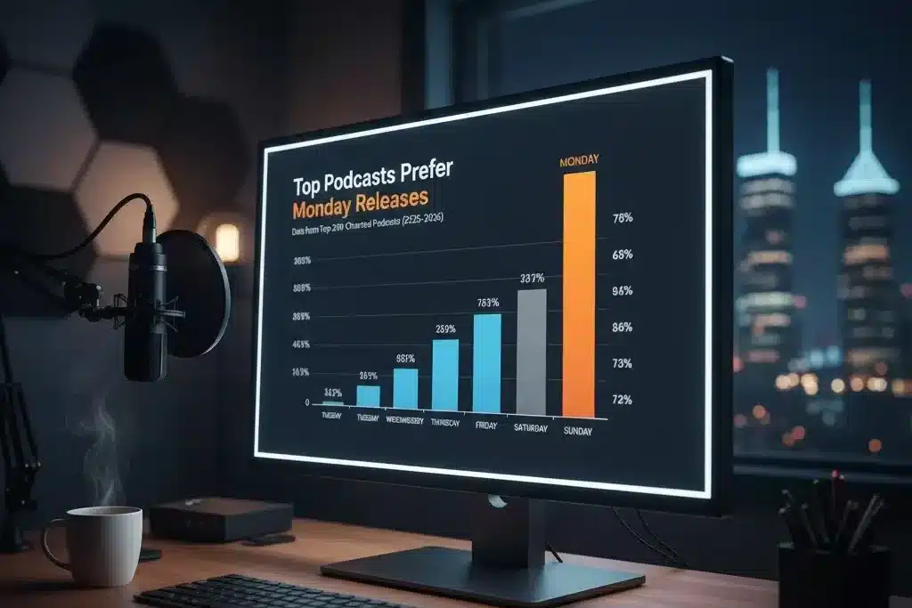 Chart showing Monday as the most popular day to publish podcast episodes among top-ranked podcasts