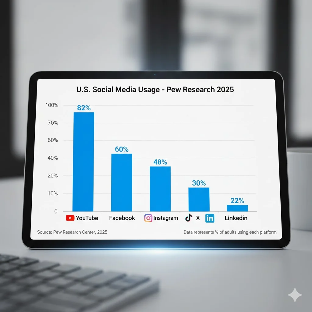 Chart showing YouTube and Facebook leading U.S. social media usage according to Pew Research 2025.