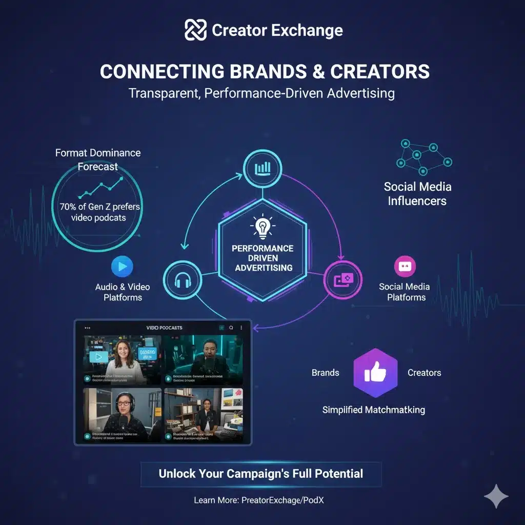 Creator Exchange platform connecting brands with podcast, video, and social media creators through transparent performance-driven advertising