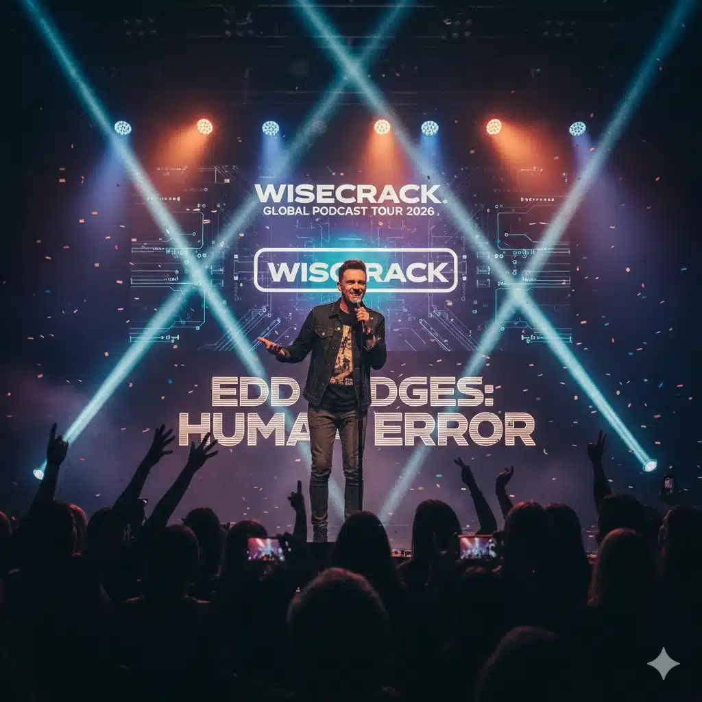 Edd Hedges performing live on stage during the Wisecrack global podcast tour 2026