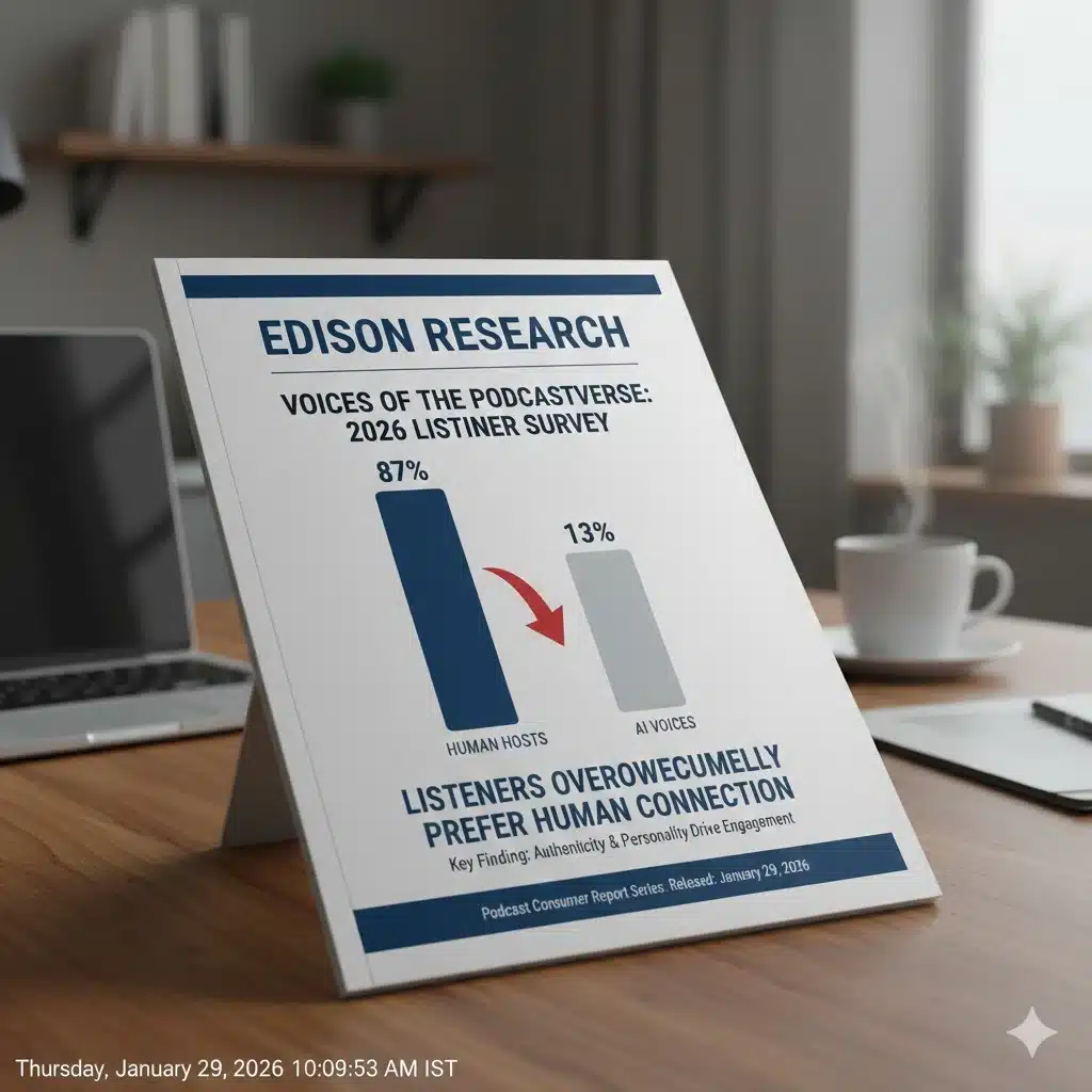 Edison Research report showing podcast listeners prefer human hosts over AI-generated voices i