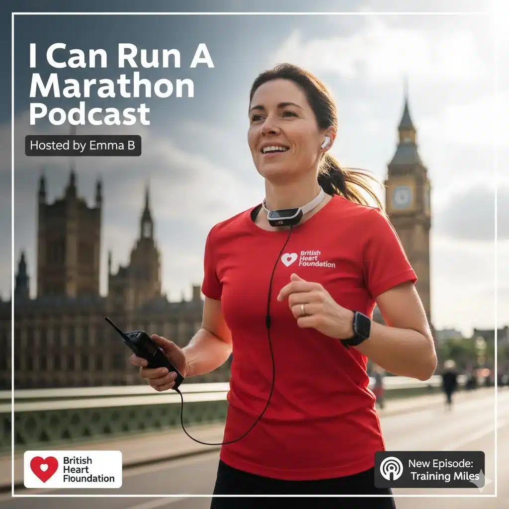Emma B training for the London Marathon while recording her podcast I Can Run A Marathon with the British Heart Foundation
